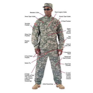 Rear view of Mens Camo Combat Uniform Shirt by Rothco, showing rear panel detail