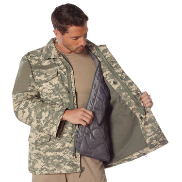 Back view of Men's Rothco camo M-65 field jacket, highlighting back construction