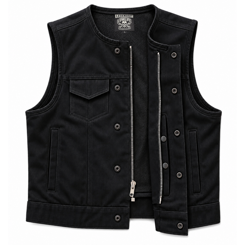 Legendary 'Cutdown' Collarless Cropped Black Denim Motorcycle Vest