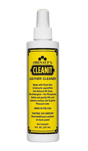 Bottle of Obenauf's Cleanit natural leather cleaner made in USA, non-detergent formula with plant oils, 8 oz size