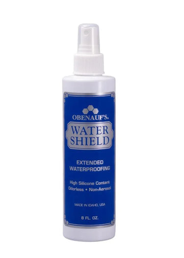 Spray bottle of Obenauf's Water Shield extended waterproofing made in USA, odorless non-aerosol formula with high silicone content, 8 oz