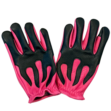 Legendary 'Spitfire' Neon Pink/Black Deerskin Short Wrist Touchscreen Motorcycle Gloves