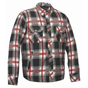 Rider's Plaid Mens Black & Red Armored Flannel in black flannel, a riding flannel