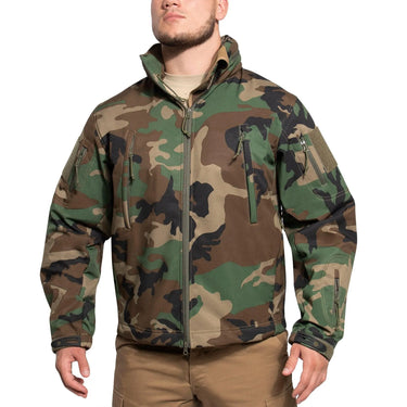 Lifestyle view of Rothco men's concealed carry softshell jacket, showing rear panel detail