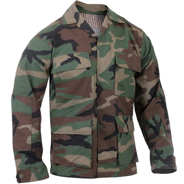Detail view of Rothco Mens Rip-Stop BDU Shirt, with hardware and stitching visible