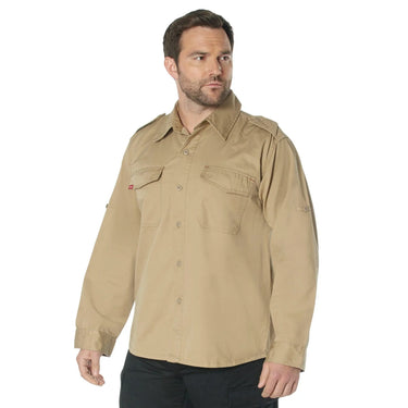 Lifestyle view of Rothco Mens Vintaged Fatigue Shirt, highlighting back construction