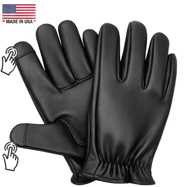 Black gloves with touch screen tips on a white background, featuring an American flag and 'Made in USA' text.