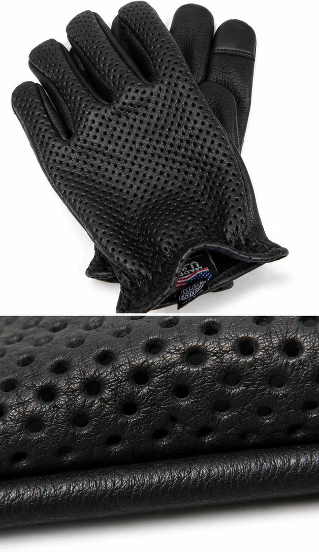 Detail view of the Ventilated Touchscreen Deerskin Gloves highlighting its features made in USA