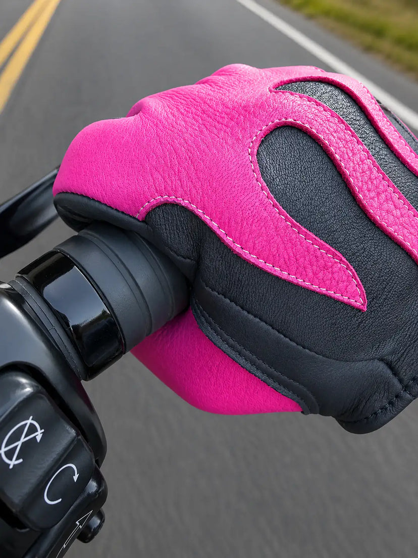 Spitfire Black/Neon Pink Gloves shown in a riding setting made in USA, a motorcycle glove — view 5 of 6