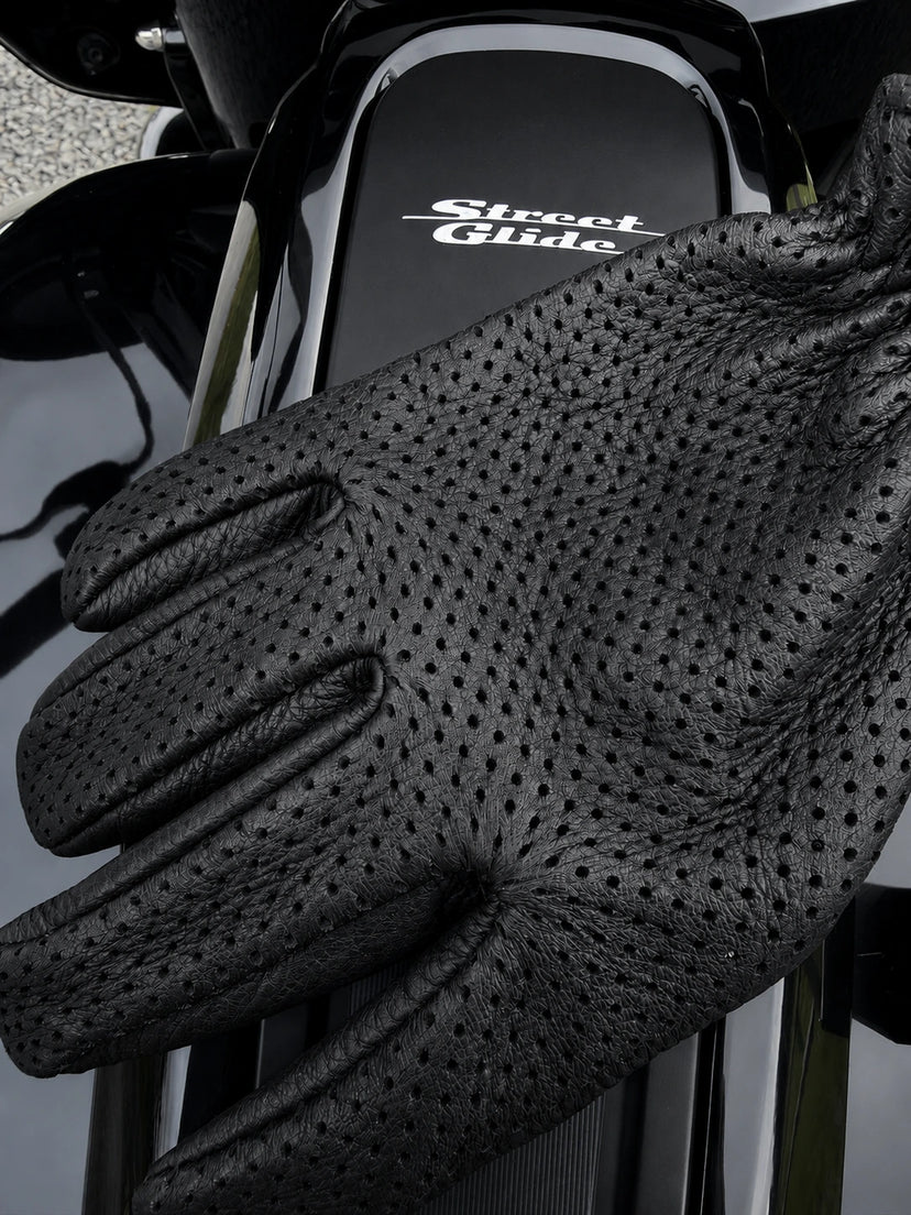 Ventilated Touchscreen Deerskin Gloves shown in a riding setting made in USA, a motorcycle glove