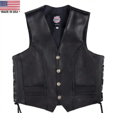 Front view of the Legendary Gunslinger leather motorcycle vest with braided accents, side lacing, and snap buttons