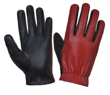 Black and red leather motorcycle gloves on a white background.