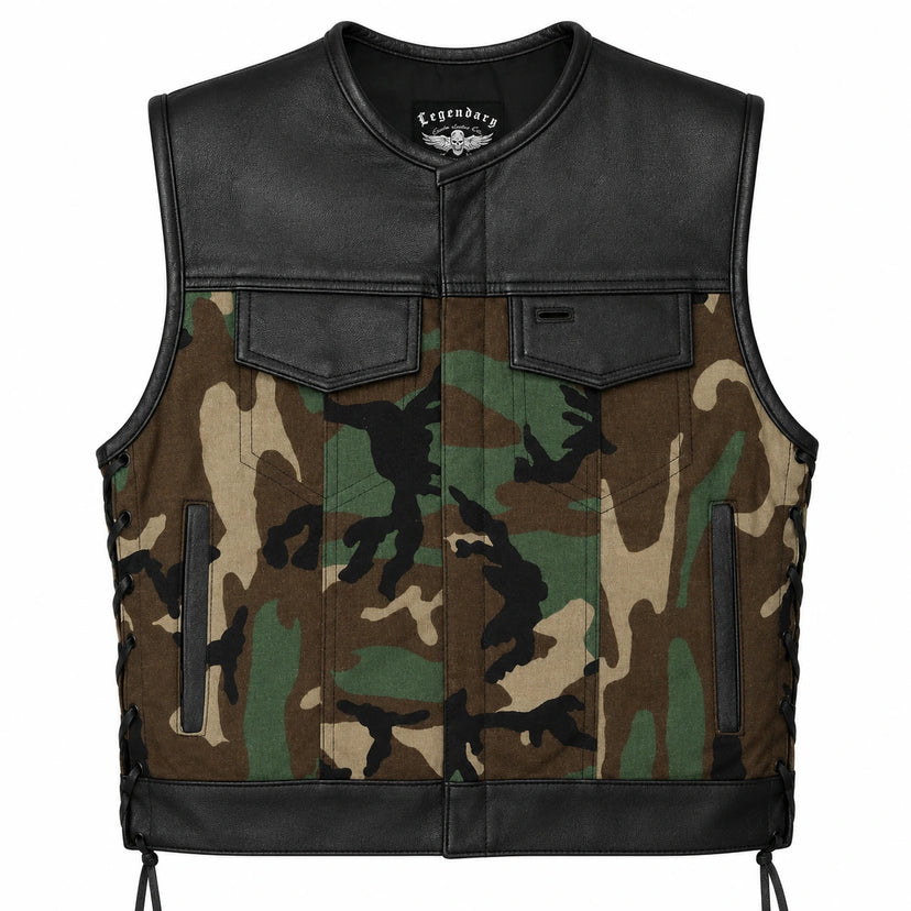 Legendary Camo Club Cordura & Leather Vest in black cowhide made in USA, a motorcycle vest