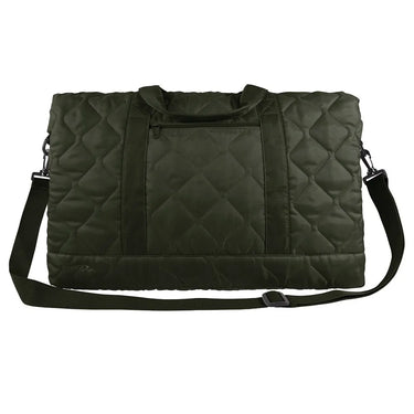 Rear view of Rothco lightweight weekender bag, with hardware and stitching visible
