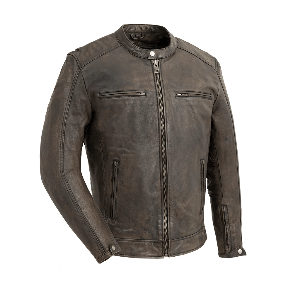 First Mfg Hipster Men's Motorcycle Leather Jacket - Olive Distressed Brown