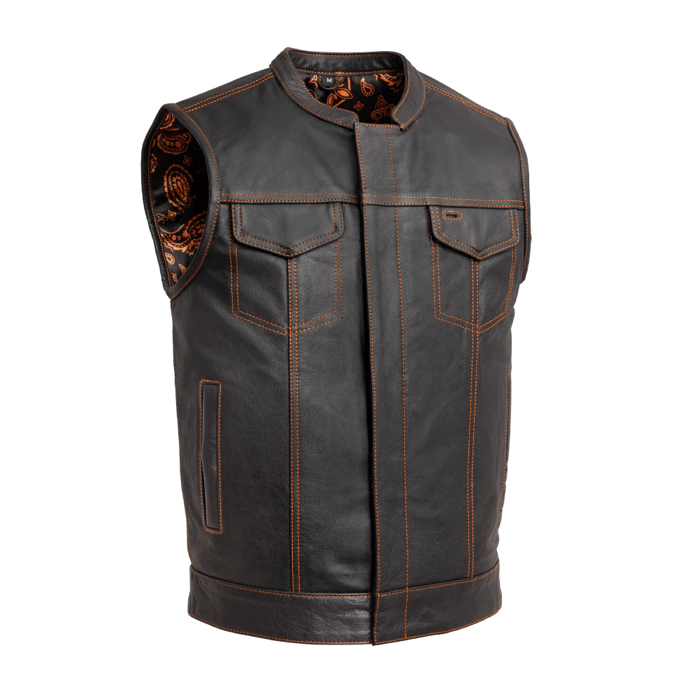 First Mfg The Cut Men's Motorcycle Leather Vest - Orange