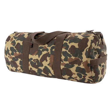 Close-up of Rothco X Bear Archery Fred Bear Camo Canvas Shoulder Duffle Bag, showing detailed construction features
