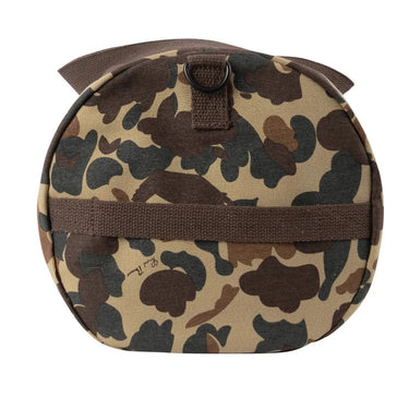 Open lining view of Rothco camo canvas duffle bag, with additional view from another angle