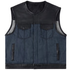 Main view of Legacy of Legends denim motorcycle vest, shown on plain studio background