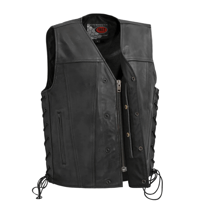 First Mfg High Roller Men's Motorcycle Leather Vest - Black