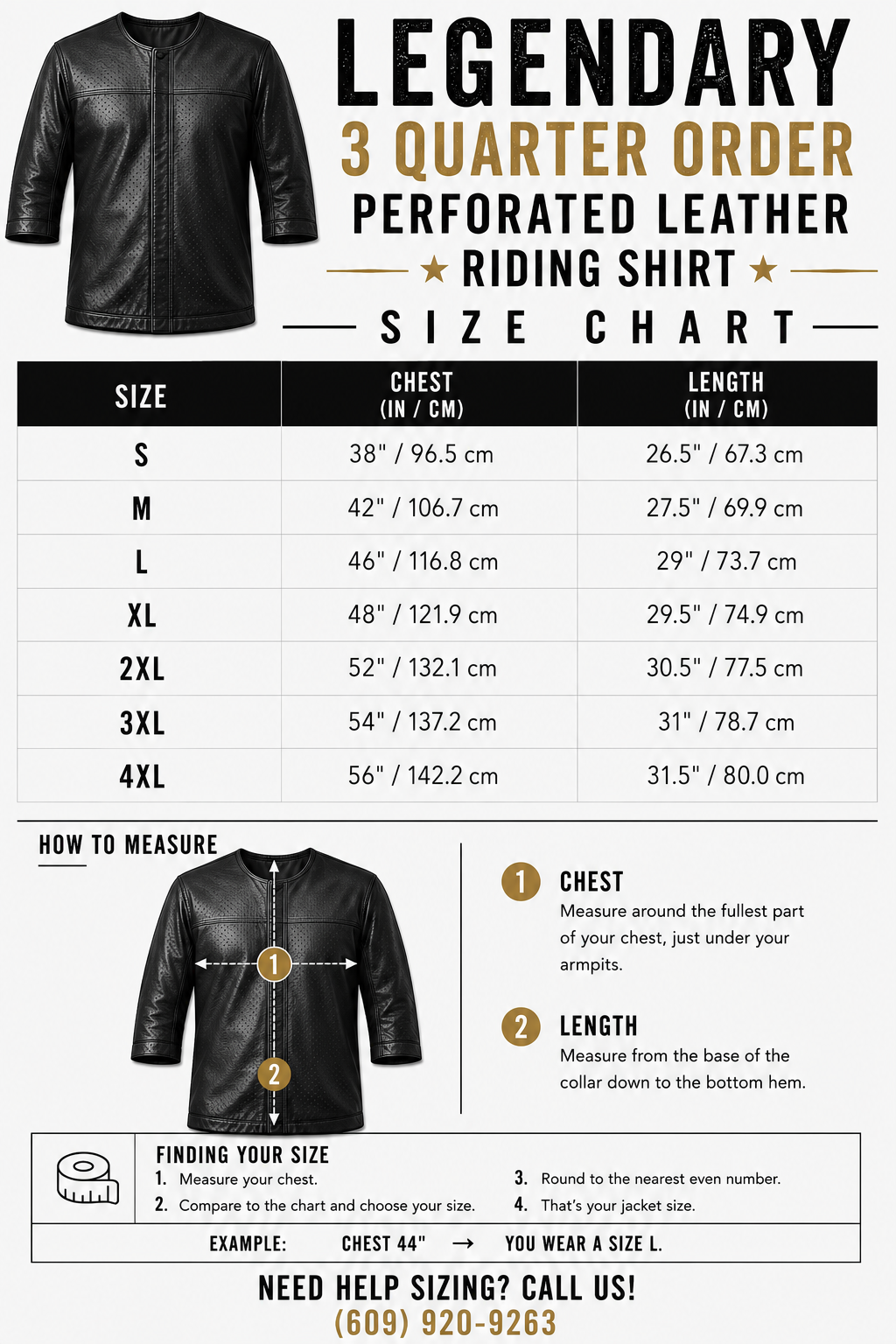 Legendary '3 Quarter Order' 3/4 Perforated Leather Sleeve Riding Shirt | Made in USA — size chart