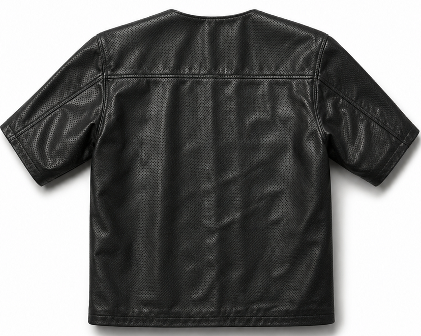 Back view of the Legendary '3 Quarter Order' perforated cowhide leather riding shirt — full perforation for maximum airflow