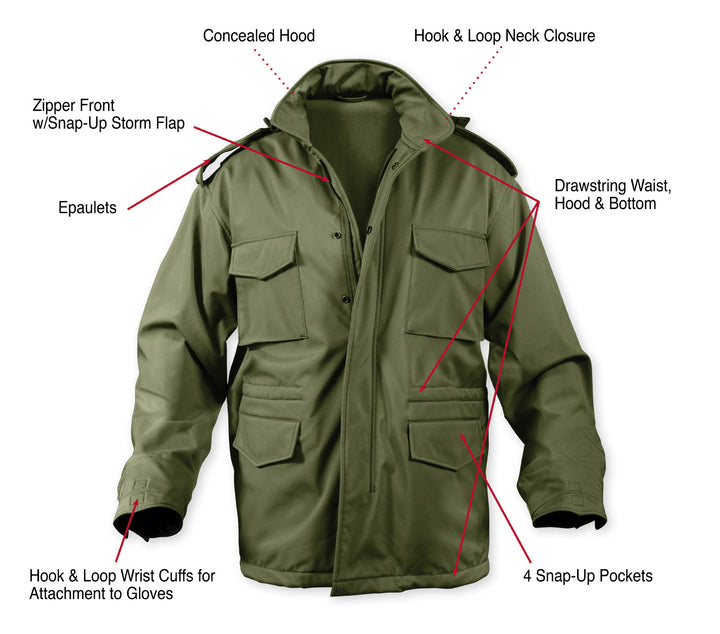 Soft Shell Tactical M-65 Field Jacket by Rotcho (Olive Drab) Size MEDIUM - Final Sale Ships Same Day