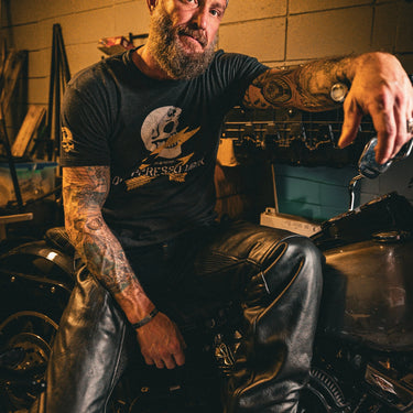 Additional view of Maverick unisex spandex leather chaps, highlighting construction detail