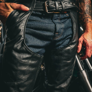 Additional product view of Maverick unisex spandex leather chaps, highlighting back construction
