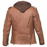 Side angle of Unik women's tan leather motorcycle jacket, with hardware and stitching visible