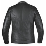 Open view of women's leather motorcycle jacket, with hardware and stitching visible