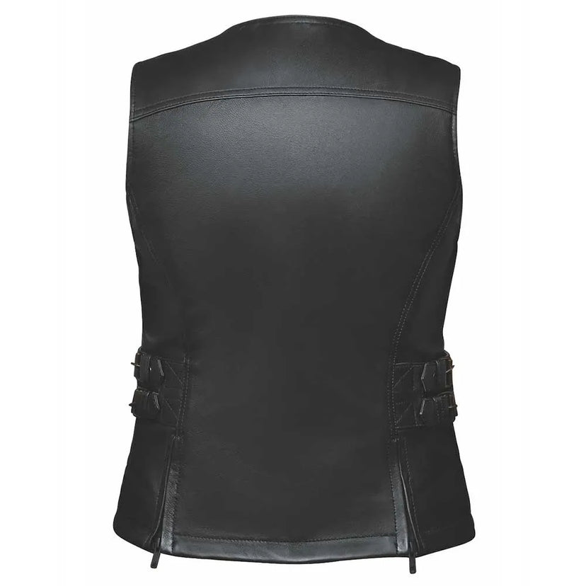 Side angle of Midnight Cowgirl - Womens Premium Leather Vest, highlighting construction detail