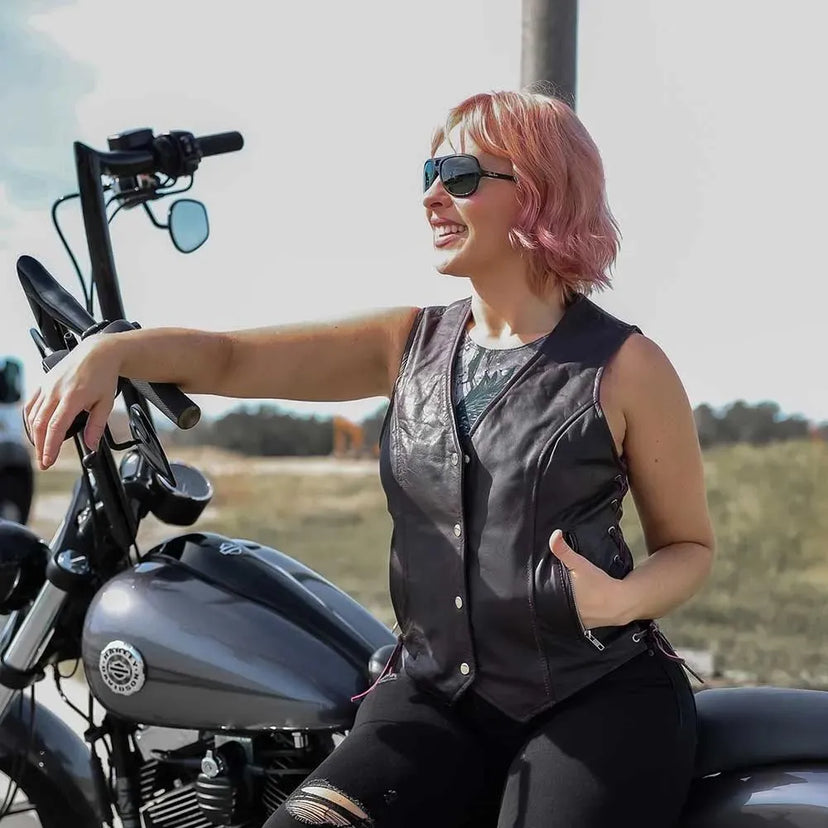 Lilly Women's Purple Leather Motorcycle Vest in purple leather — view 7 of 8