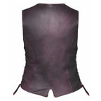 Construction detail of women's purple leather motorcycle vest, with closer view of trim and finish