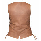 Side angle of Leah - Ladies Brown Leather Vest, highlighting construction detail