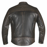 Detail view of Unik men's leather motorcycle jacket, with hardware and stitching visible
