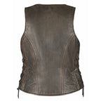Open view of Rustica - Womens Brown Leather Vest, highlighting construction detail