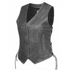 Front-facing view of Bessie women's gray leather motorcycle vest, shown on plain studio background