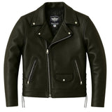 Front view of Legendary Miss America women's black leather motorcycle jacket zipped up, made in USA