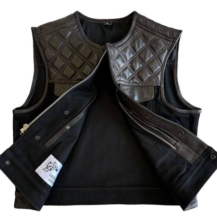 Legacy of Legends 'Cowboy' Black Twill Denim & Dark Chocolate Diamond Stitch Cropped Motorcycle Vest