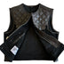 Open lining view of Legacy of Legends cropped chocolate denim twill motorcycle vest