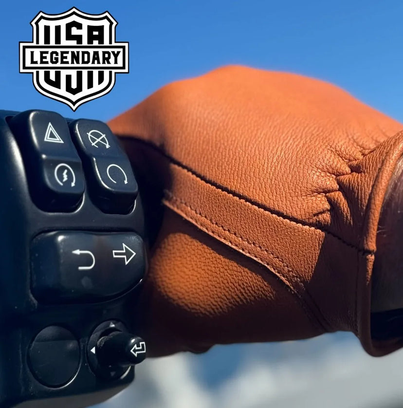 Rear view of Legendary short wrist tan goatskin gloves, showing additional product detail
