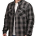 Front-facing shot of men's flannel black shirt, displayed flat for product detail