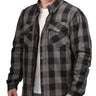 Front-facing shot of men's flannel black shirt, displayed flat for product detail