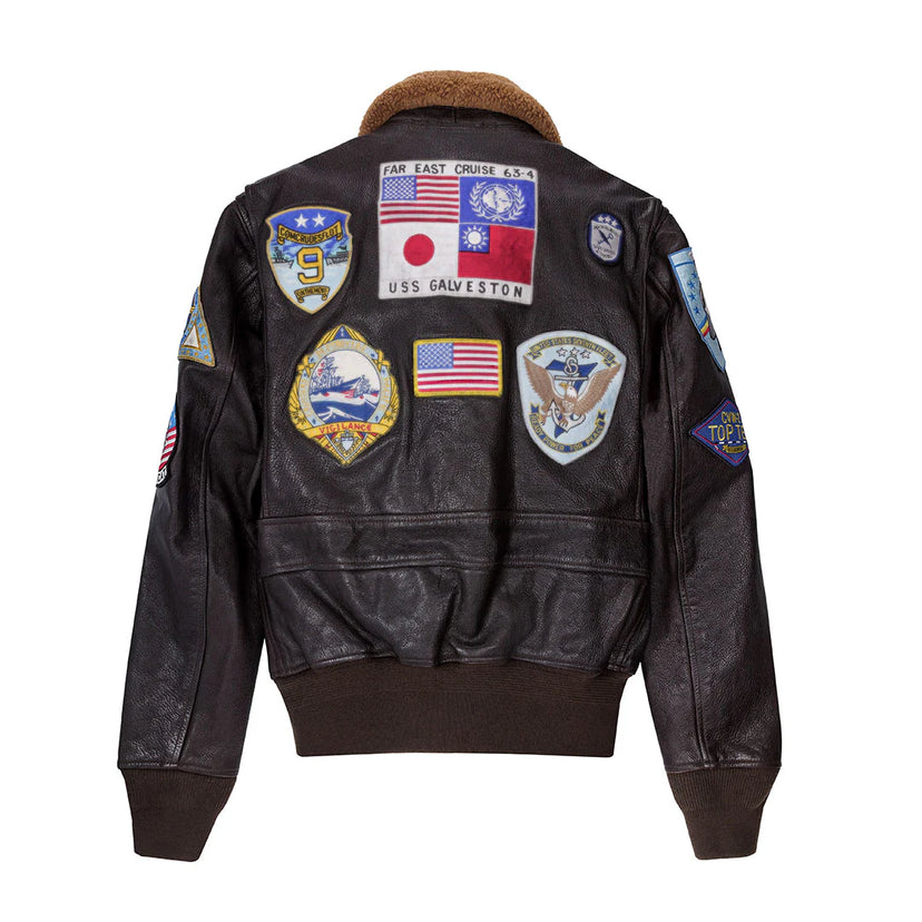 Alternate angle of Cockpit USA men's leather G-1 flight jacket, showing detailed construction features