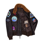 Side angle of Men's Cockpit USA leather G-1 flight jacket, with hardware and stitching visible