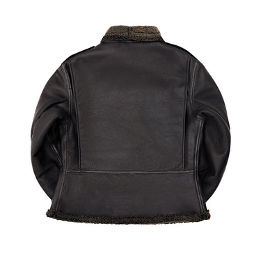 Cockpit USA Black Ops Shearling B-6 Bomber Jacket black back view with shearling collar on white background