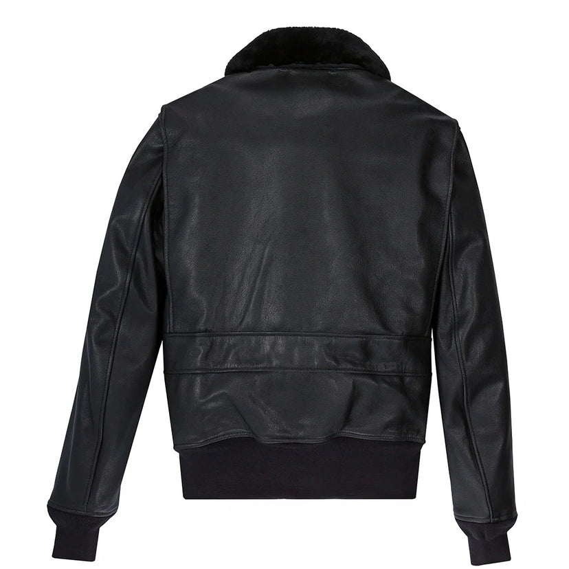 Back view of Cockpit USA Men's Submariner G-1 Jacket in smooth black leather, made in USA
