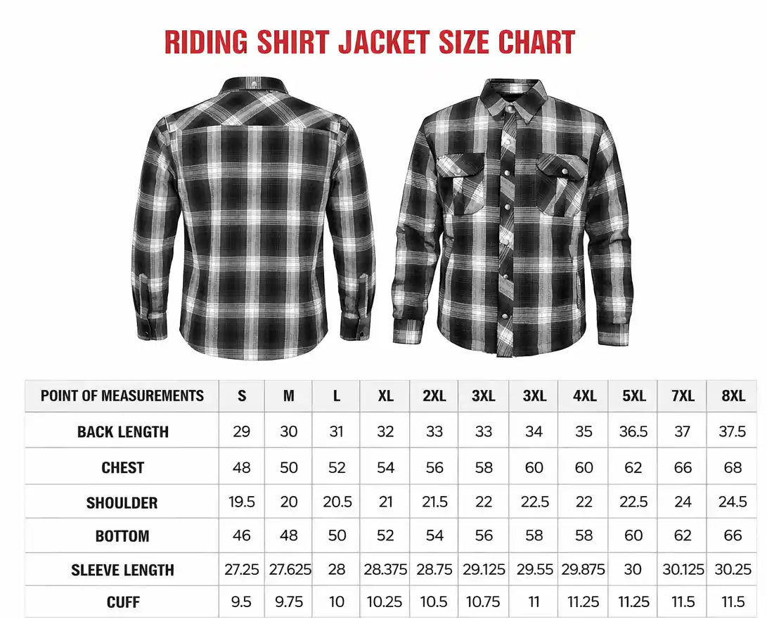 Size chart for the Derringer 'Street Guard' Men's Heavy Duty Flannel Riding Shirt Jacket with body measurements to help find