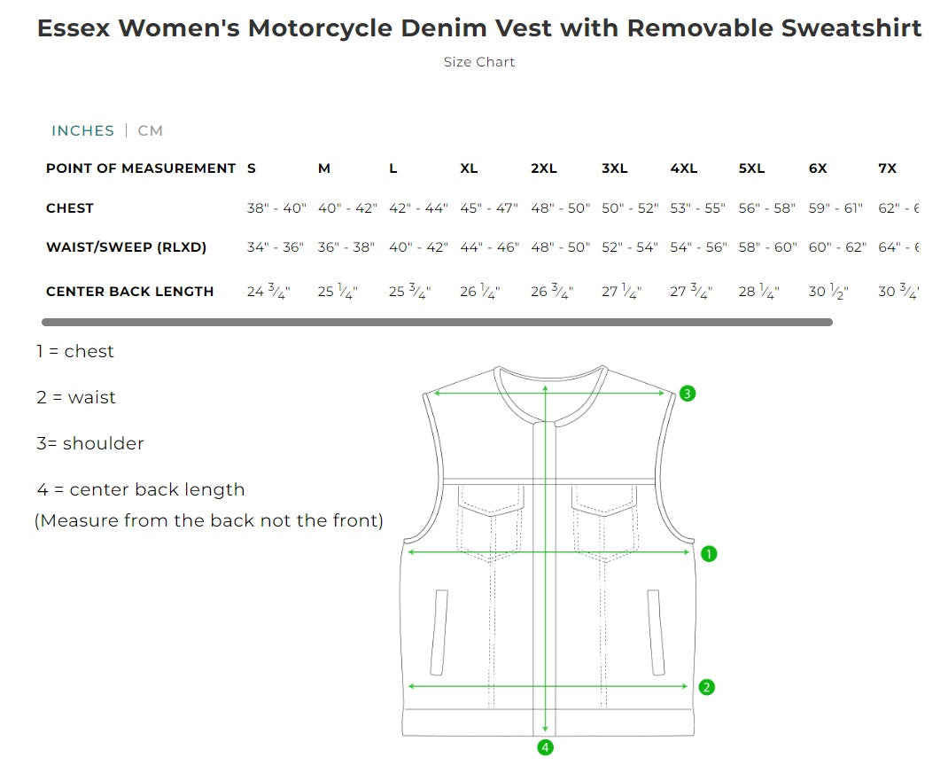 Essex Women's Motorcycle Denim Vest with Removable Sweatshirt